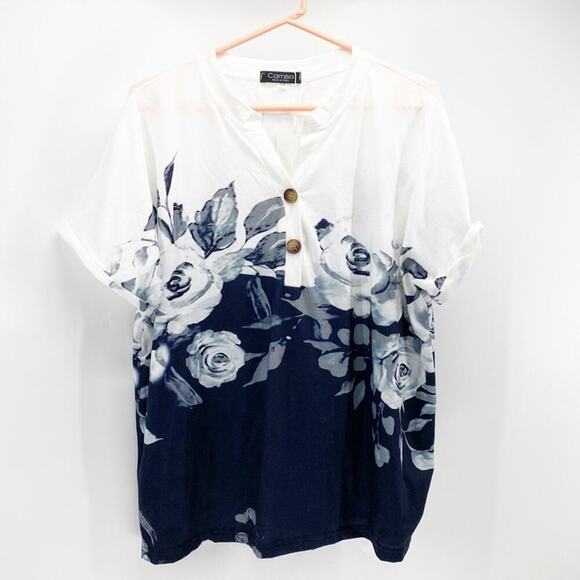 Camisa black white floral roll sleeve 2 button oversized top lightweight top - Picture 1 of 7